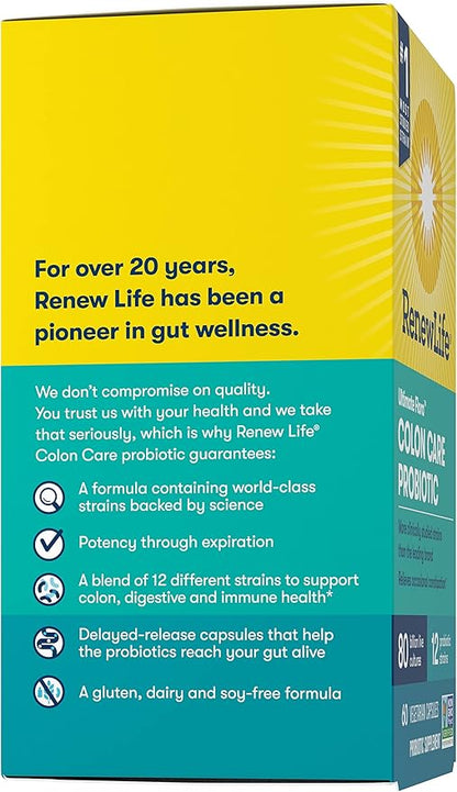 Renew Life Probiotic Colon Care Probiotic Capsules, Daily Supplement Offers Colon Support, L. Rhamnosus GG, Dairy, Soy and gluten-free, 80 Billion CFU, 60 Count