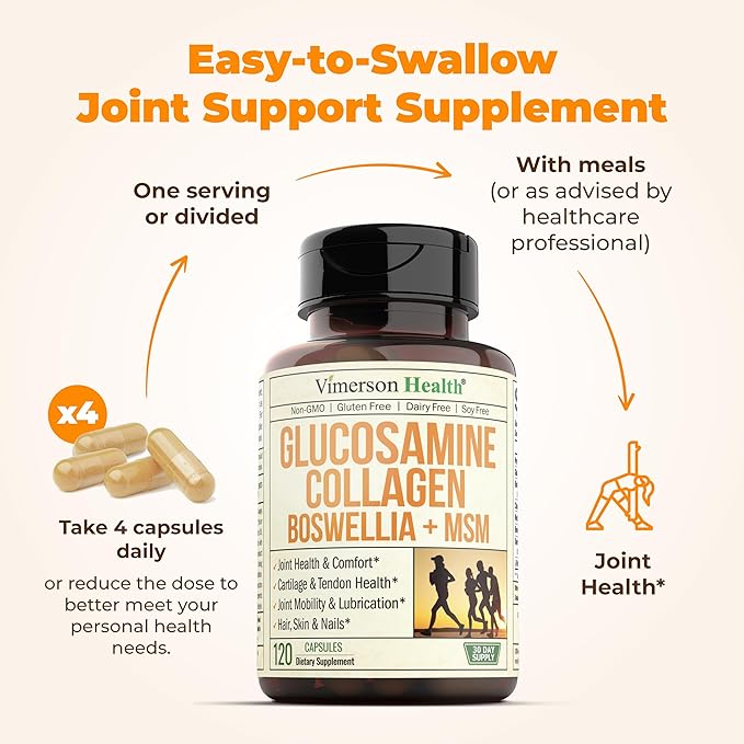 Glucosamine Chondroitin MSM with Collagen Powder. Joint Support Supplement. Bromelain, Quercetin, L-Methionine & Boswellia Extract capsules. Hair Skin and Nails Vitamins. FSA eligible. 2 Pack