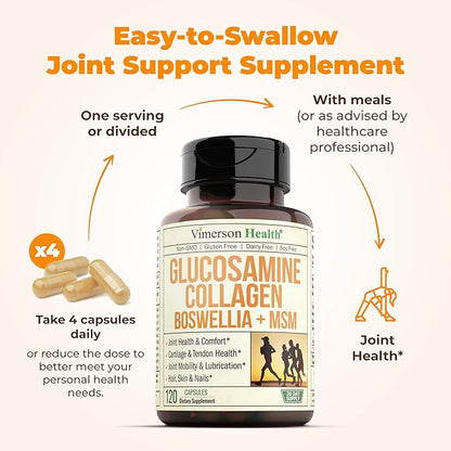 Glucosamine Chondroitin MSM with Collagen Powder. Joint Support Supplement. Bromelain, Quercetin, L-Methionine & Boswellia Extract capsules. Hair Skin and Nails Vitamins. FSA eligible. 120 caps