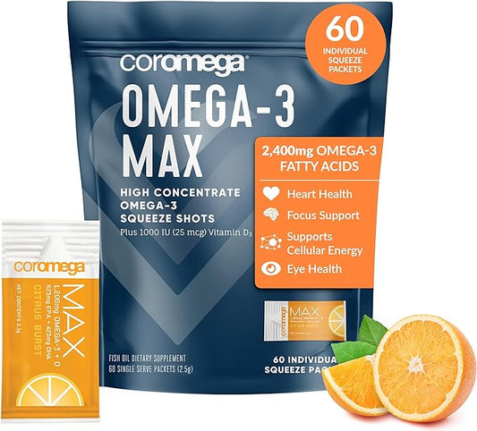 Coromega MAX High Concentrate Omega 3 2400mg Omega-3s Omega-3s with 3X Better 60 Single 3 Supplement