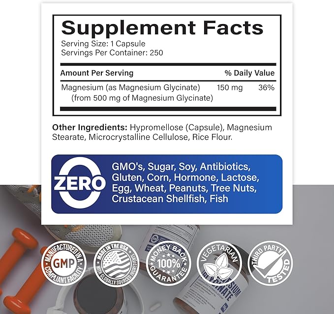 Premium Magnesium Glycinate 500mg Capsules High 250 Capsules