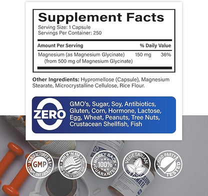 Premium Magnesium Glycinate 500mg Capsules High 250 Capsules