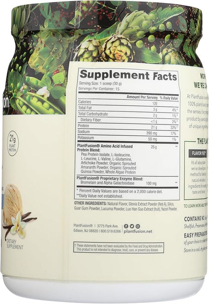 PlantFusion Complete Vegan Protein Powder - Plant Based Protein Powder With BCAAs, Digestive Enzymes and Pea Protein - Keto, Gluten Free, Soy Free, Non-Dairy, No Sugar, Non-GMO - Vanilla Bean 1 lb