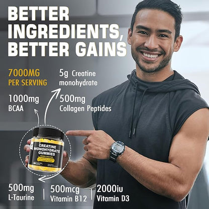 Creatine Monohydrate Gummies 5g for Men 7000mg with B12, D3, D3, Chewables 1 Pack