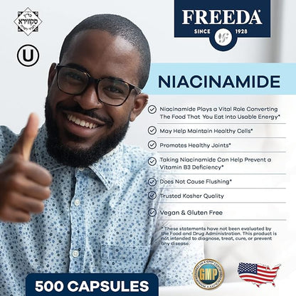 Freeda Niacinamide - Vitamin B3 Niacinamide 250 mg - Vegetarian No Flush Niacin Formula - B3 Vitamins Niacinamide Supplement - Niacin Flush Free Niacin Supplement Vitamin B3 Nicotinamide, 500 Capsules