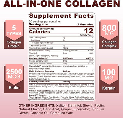 Hydrolyzed Collagen Peptides Gummies 800mg, Sugar Free Multi Peptides Type I II III V & X, Plus Biotin, Keratin & Vitamin for Women Men Healthy Skin Hair Nails, Bone & Joint Support