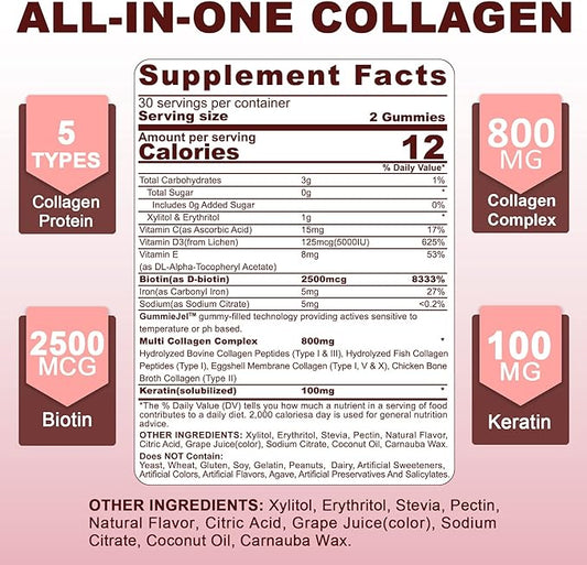 Hydrolyzed Collagen Peptides Gummies 800mg, Sugar Free Multi Peptides Type I II III V & X, Plus Biotin, Keratin & Vitamin for Women Men Healthy Skin Hair Nails, Bone & Joint Support