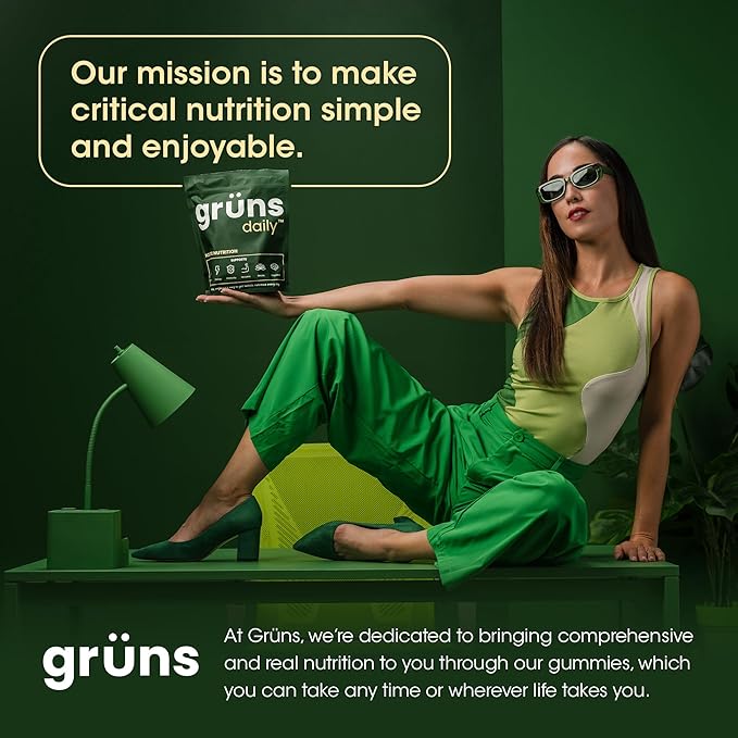 Gruns Adult Super Greens Gummies - Superfood Gummy Bears with Spirulina, Chlorella & Prebiotics for Digestive Health - Adaptogens Supplement with 20 Vitamins & Minerals, Low Sugar- 2-Week Supply