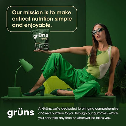 Gruns Adult Super Greens Gummies - Superfood Gummy Bears with Spirulina, Chlorella & Prebiotics for Digestive Health - Adaptogens Supplement with 20 Vitamins & Minerals, Low Sugar- 2-Week Supply