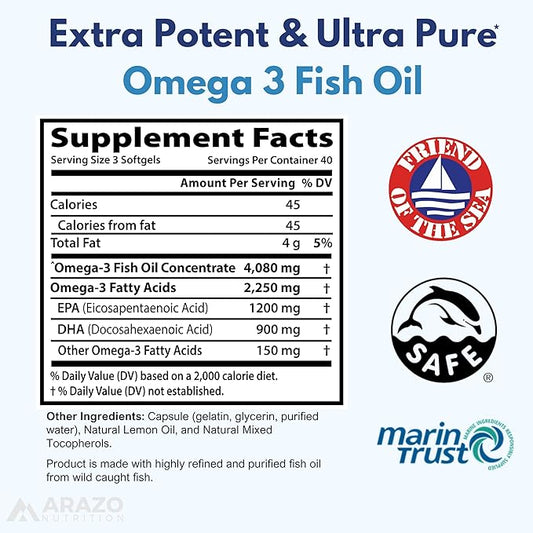 Arazo Nutrition Wild Caught Omega 3 120 Soft 4,080mg High 1200mg DHA 900mg Lemon