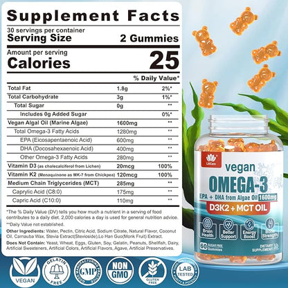 Vegan Omega3 Gummies 1280mg + Vitamin D3 K2, Sugar Free Omega 3 Fish Oil Alternative w/EPA 600mg & DHA 400mg & MCT Oil, No Fish Taste, from Marine Algae Oil, for Brain, Eye, Immunity, 1 Pack