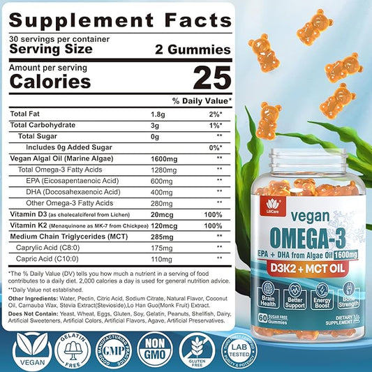 Vegan Omega3 Gummies 1280mg + Vitamin D3 K2, Sugar Free Omega 3 Fish Oil Alternative w/EPA 600mg & DHA 400mg & MCT Oil, No Fish Taste, from Marine Algae Oil, for Brain, Eye, Immunity, 1 Pack