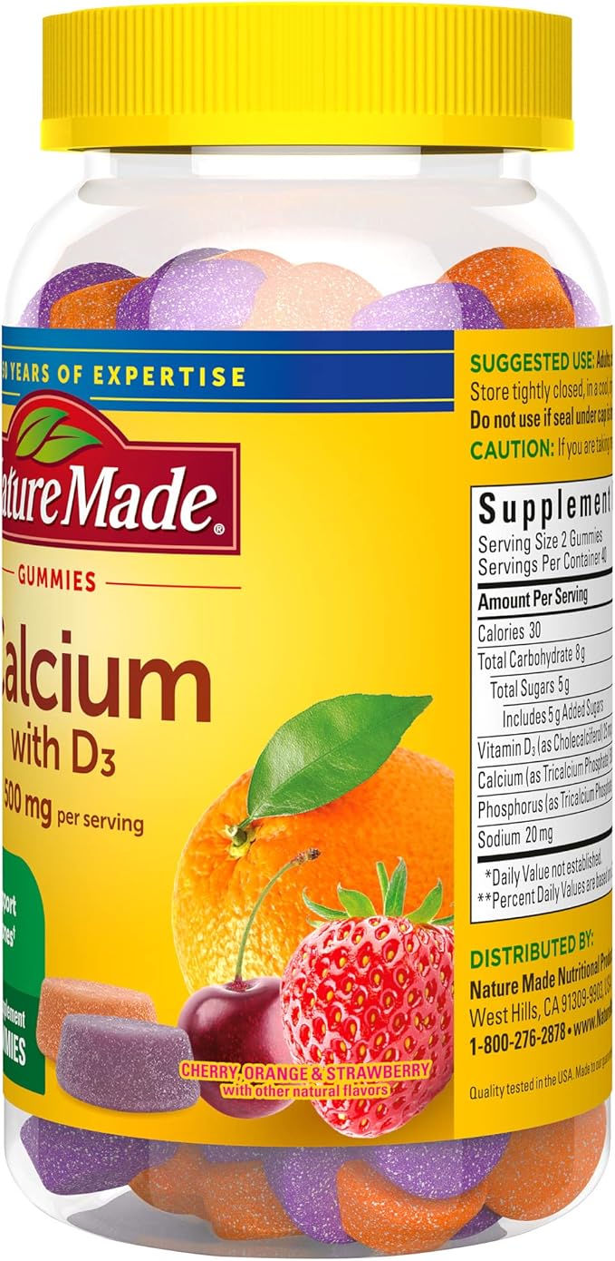 Nature Made Calcium Gummies 500 mg D3, Dietary 80 Gummies, 40 Day