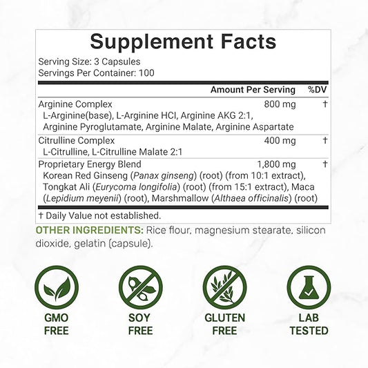 Nitric Oxide Booster 3,000mg Per Serving, 300 Capsules – 12 in 1 Nitric Oxide Supplement – Arginine & Citrulline Complex with Energy Blend – Marshmallow Root – Promotes Nutrient Flow to Muscles &Heart