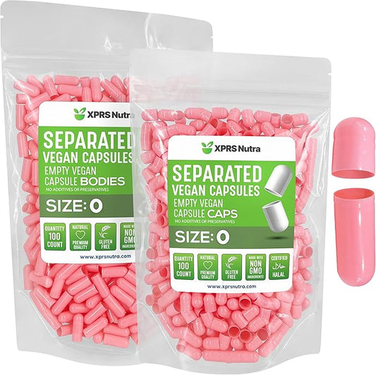XPRS Nutra Vegan Size 0 Separated Capsules - 100 Count Premium Empty Capsules Separated in Bags - Separated Empty 0 Capsules - Pill Capsules Empty for DIY Supplement Filling (Pink)
