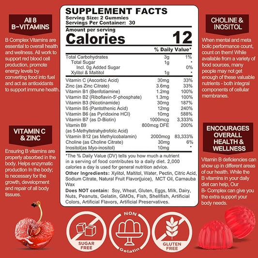 Vitamin B Complex Gummies, Vegan Vitamin 2000 mcg B12, Methyl 120 Cts