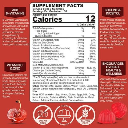 Vitamin B Complex Gummies, Vegan Vitamin B Gummies with 2000 mcg Methyl B12, Methyl Folate | Plus Choline + Inositol, Vitamin C + Zinc for Supports Energy, Mood, Immune, Healthy Hair, Skin - 120 Cts