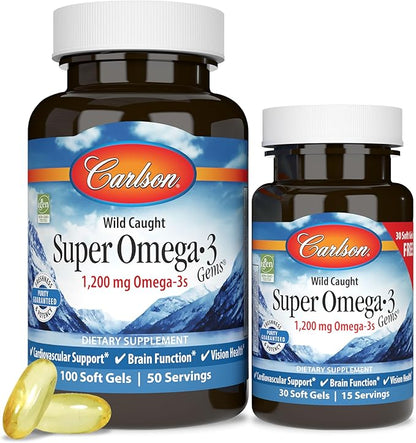 Carlson - Super Omega-3 Gems, 1200 Omega-3 Fatty 3 Supplements, 100+30 Softgels
