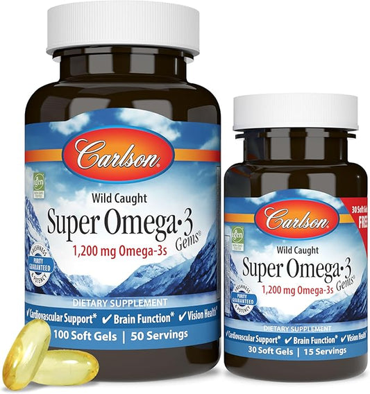 Carlson - Super Omega-3 Gems, 1200 Omega-3 Fatty 3 Supplements, 100+30 Softgels