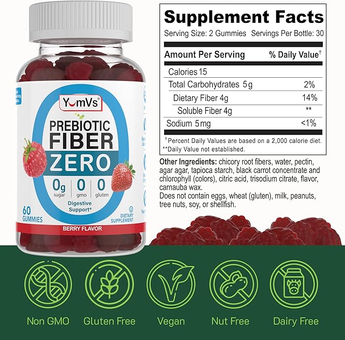 Prebiotic Fiber Zero Gummies by YumVs | Keto Friendly Sugar Free Supplement for Women & Men | 4 g Fiber for Digestive Support | Natural Berry Flavor Chewables-60 Count