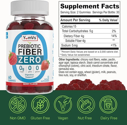 Prebiotic Fiber Zero Gummies by YumVs | Keto Friendly Sugar Free Supplement for Women & Men | 4 g Fiber for Digestive Support | Natural Berry Flavor Chewables-60 Count