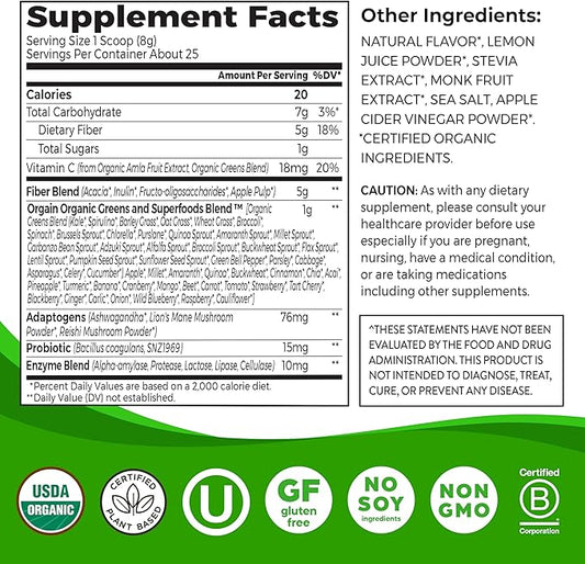 Orgain Organic Wonder Gut Fiber Supplement Powder, 5 in 1 Blend with 1 Billion Probiotics, Greens, Vitamin C, Adaptogens for Gut Health and Immune Support, Non-GMO, Orange Mango, 7.05 oz