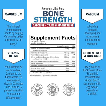 Bone Strength Supplement with Calcium Magnesium Vitamin D3 K2 Zinc (60 Day Supply) 8 Bone Building Nutrients for Bone & Muscle Support - High Absorption Non-Constipating Formula - 240 Veggie Capsules