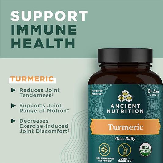 Turmeric Capsules by Ancient Nutrition, Once Daily, Use as a Joint Supplement and Supports Inflammation, Gluten Free, Paleo and Keto Friendly, 30 Tablets