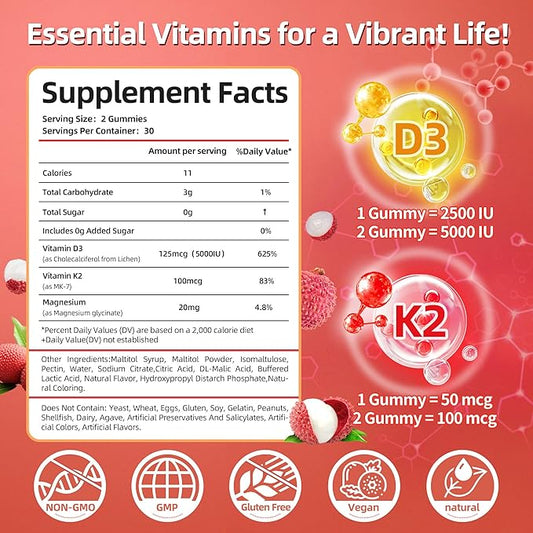 Vitamin D3 K2 Gummies w/Magnesium Sugar Free - 60 Count | D3 Vitamin 5,000 IU + K2(MK-7) 100 mcg - Vegan K2 D3 Vitamin Supplement, Highly Absorbent Supports Bone, Muscle, Mood & Immune(Lychee Flavor)