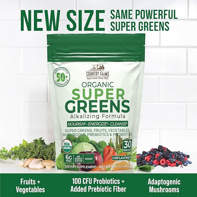 COUNTRY FARMS Super Greens Natural Flavor, 50 Organic 30 Servings