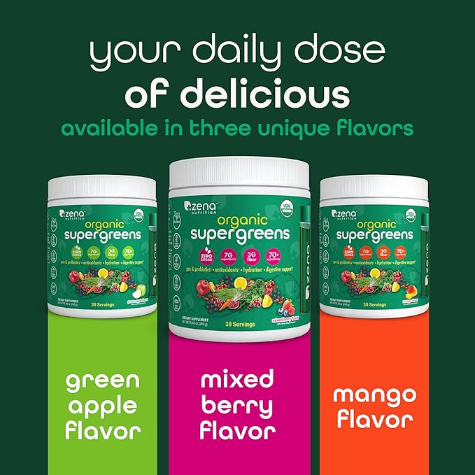 Zena Organic Super Greens Powder, 70+ Superfoods Drink Mix, 0 Sugar, 3G Fiber, Fruits, Veggies, Spirulina, Chlorella, Antioxidants, Pre & Probiotics, Digestive Enzymes, Mixed Berry Flavor, 30 Servings