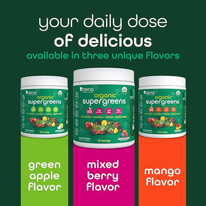 Zena Organic Super Greens Powder, 70+ Superfoods Drink Mix, 0 Sugar, 3G Fiber, Fruits, Veggies, Spirulina, Chlorella, Antioxidants, Pre & Probiotics, Digestive Enzymes, Mixed Berry Flavor, 30 Servings