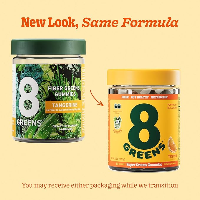 8Greens Daily Fiber Super Greens Gummies - Tangerine Flavor: Boost Immune System & Digestive Health with 8 Real Greens - Non-GMO Formula, Chewables, 50 Vegan Gummies, Pack of 2