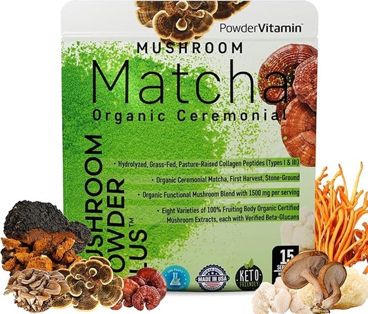 Organic Ceremonial Mushroom Matcha Certified Pesticide-Free Grass-Fed Collagen Types I & III, 8 Fruiting Body Mushrooms Tested for Beta-Glucans Focus Digestion & Immunity 15 Servings