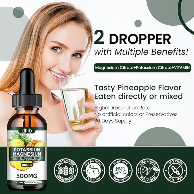 Potassium Magnesium Citrate Supplement, Liquid Magnesium 500mg with D3, B6, B6, B12, B12, CoQ10 CoQ10 - 2 fl