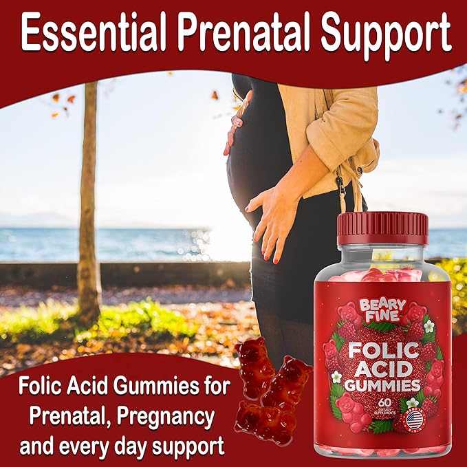 Folic Acid Gummies 400mcg - Essential Prenatal & Pregnancy Gummy for Women, Moms & Baby to Be - 60 Raspberry Flavored Folate Gummy Vitamins - Made in The USA