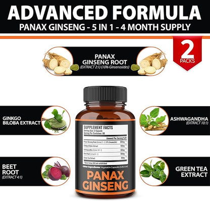 Zolotus 2 Packs Korean Red Panax Ginseng + Ginkgo Biloba, 2800mg with Ashwagandha, Beet Root, Green Tea, Boost Energy, Mood, Focused Strength, Enhanced Stamina Performance, 240 Capsules
