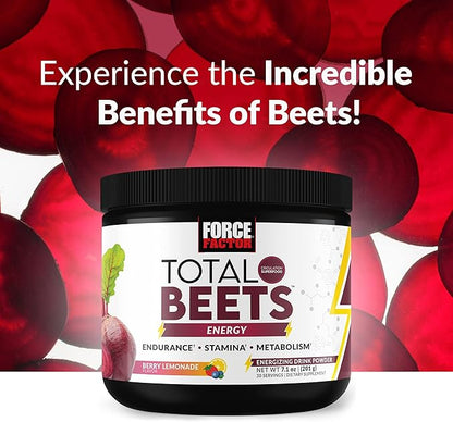 Force Factor Total Beets Energy Drink Mix, Superfood Beet Root Powder with Nitrates to Boost Energy and Support Circulation, Blood Flow, Nitric Oxide and Stamina, Heart Health Supplement, 30 Servings