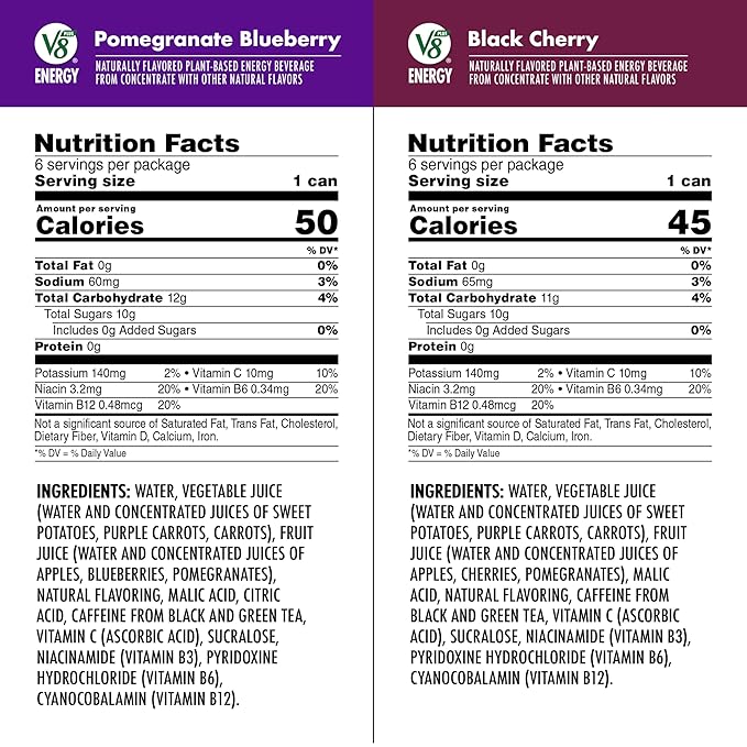 V8 +Energy Black Cherry and Pomegranate Blueberry Juice Energy Drinks, 8 fl oz Can (24 Pack)