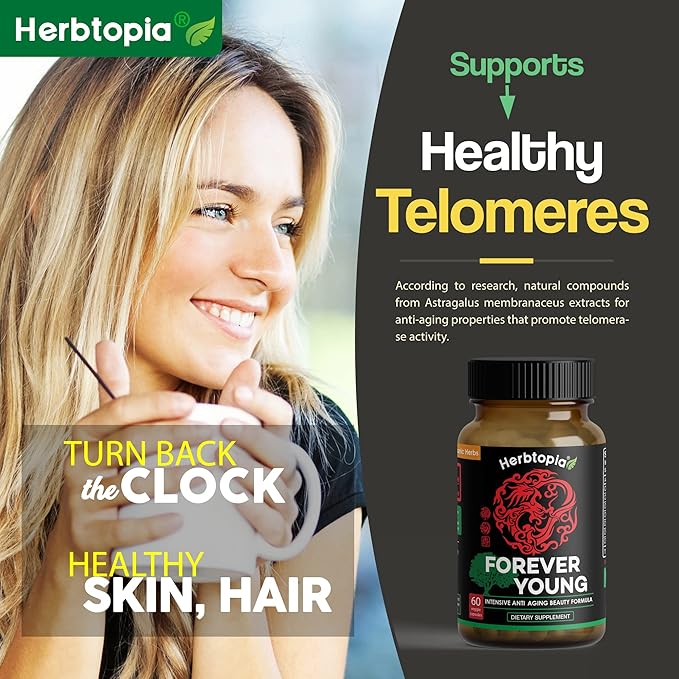 Forever Young Longevity Supplement for Immunity, Anti Gray Hair, Telomere Lengthening & Happy Mood w/Ginseng, Astragalus, Lions Mane, Reishi Mushroom, Codonopsis | Organic - 60 Caps