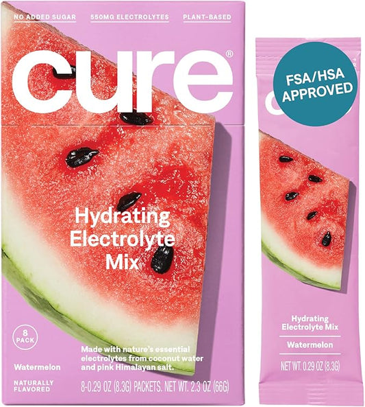 Cure Hydration | Plant-Based Electrolyte Drink Mix | No Added Sugar | FSA & HSA | Dehydration Relief Powder Made with Coconut Water | Non-GMO | Vegan | Box of 8 Packets - Watermelon