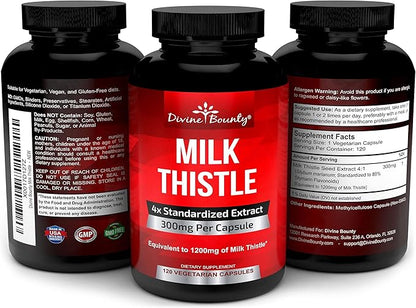 Divine Bounty Pure Milk Thistle Capsules Supplement 1200mg Milk 4X Concentrated 120 Vegetarian