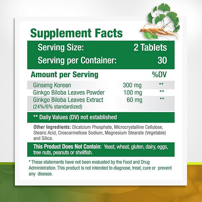 Panax Ginseng and Ginkgo Biloba. Traditional 180 Tablets (3 Bottles)