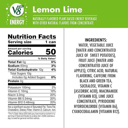 V8 +SPARKLING ENERGY Lemon Lime Energy Drink, Made with Real Vegetable and Fruit Juices, 11.5 FL OZ Can (Pack of 12)