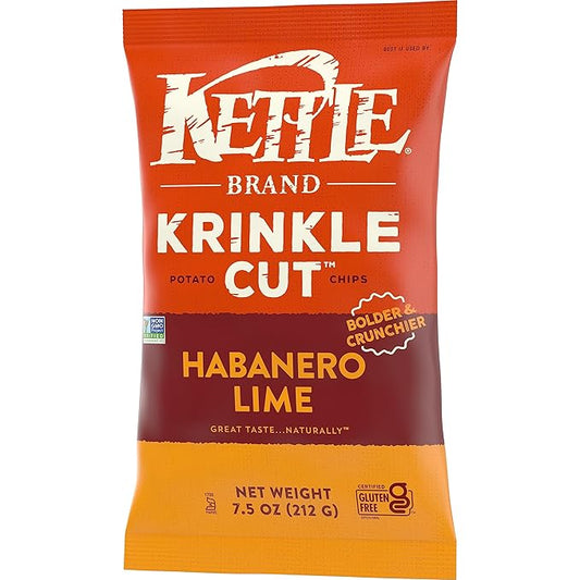 Kettle Brand Potato Chips, Krinkle Cut, Habanero Lime Kettle Chips, 7.5 Oz (Pack of 12)