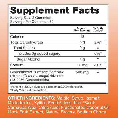 Qunol Zero Sugar Turmeric Gummies, Gummy with 500mg Turmeric Curcumin, Joint Support Supplement, Ultra High Absorption Tumeric Curcumin, Vegetarian, Gluten Free, 120 Count