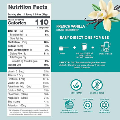 Designer Wellness, Designer Whey, Natural Whey Protein Powder with Probiotics, Fiber, and Key B-Vitamins for Energy, Gluten-Free, French Vanilla, 2 lb