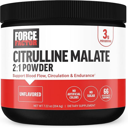FORCE FACTOR Citrulline Malate 2:1, L Citrulline Supplement for Men to Boost Nitric Oxide, Blood Flow, Muscle Pumps, and Performance, L Citrulline Powder Pump Supplement, Unflavored, ~66 Servings