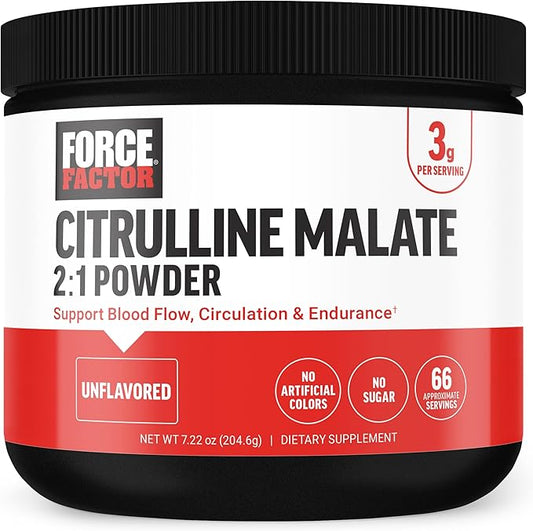 FORCE FACTOR Citrulline Malate 2:1, L Citrulline Supplement for Men to Boost Nitric Oxide, Blood Flow, Muscle Pumps, and Performance, L Citrulline Powder Pump Supplement, Unflavored, ~66 Servings
