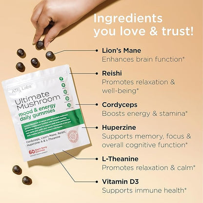 Ultimate Mushroom Daily Gummies - Mushroom Gummies with Cordyceps, Lion’s Mane, and Reishi, Plus Huperzine A & L-Theanine, May Improve Mood and Energy, Apple Berry Flavor, 60 Gummies